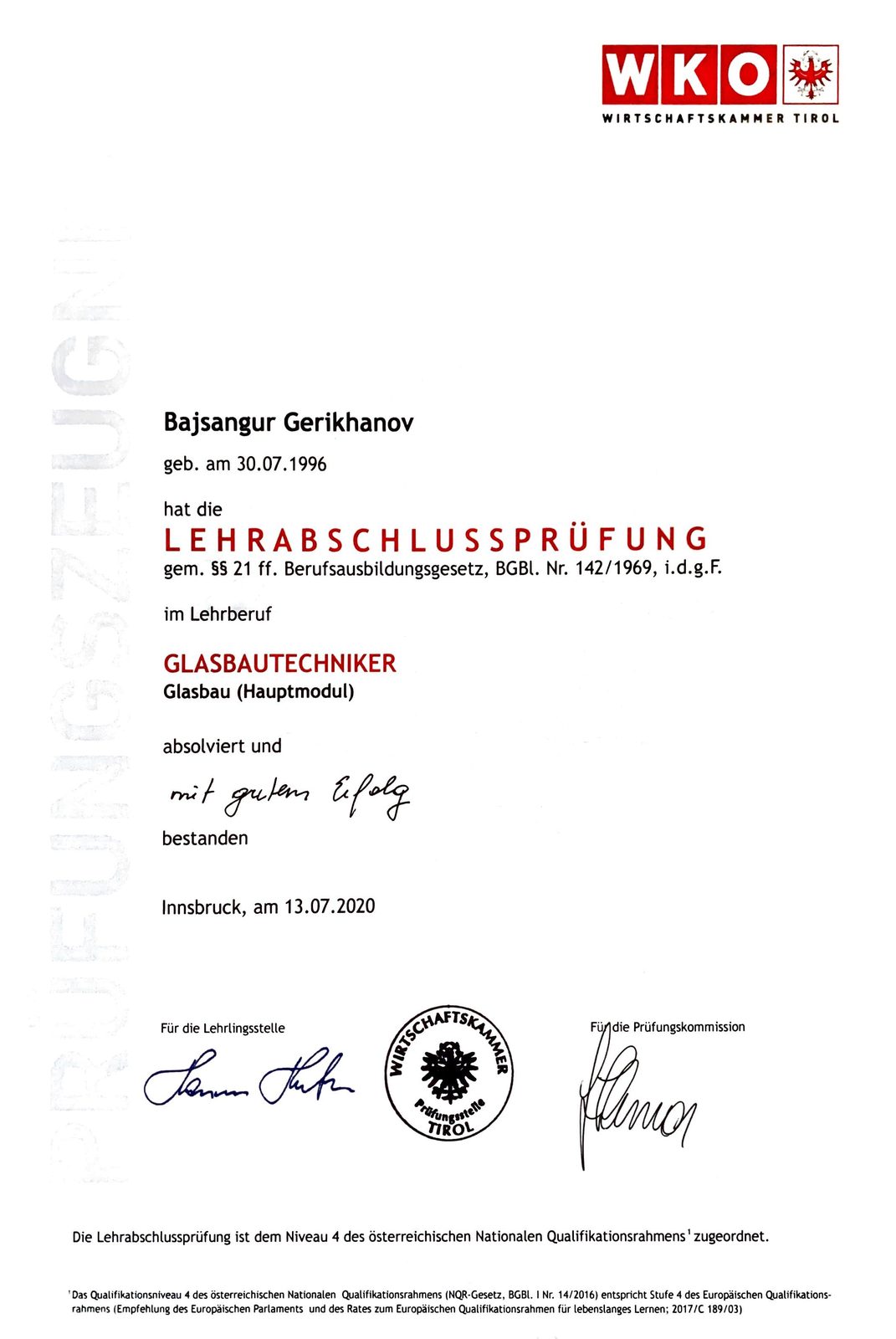 Lehrabschlussprüfung Glaser